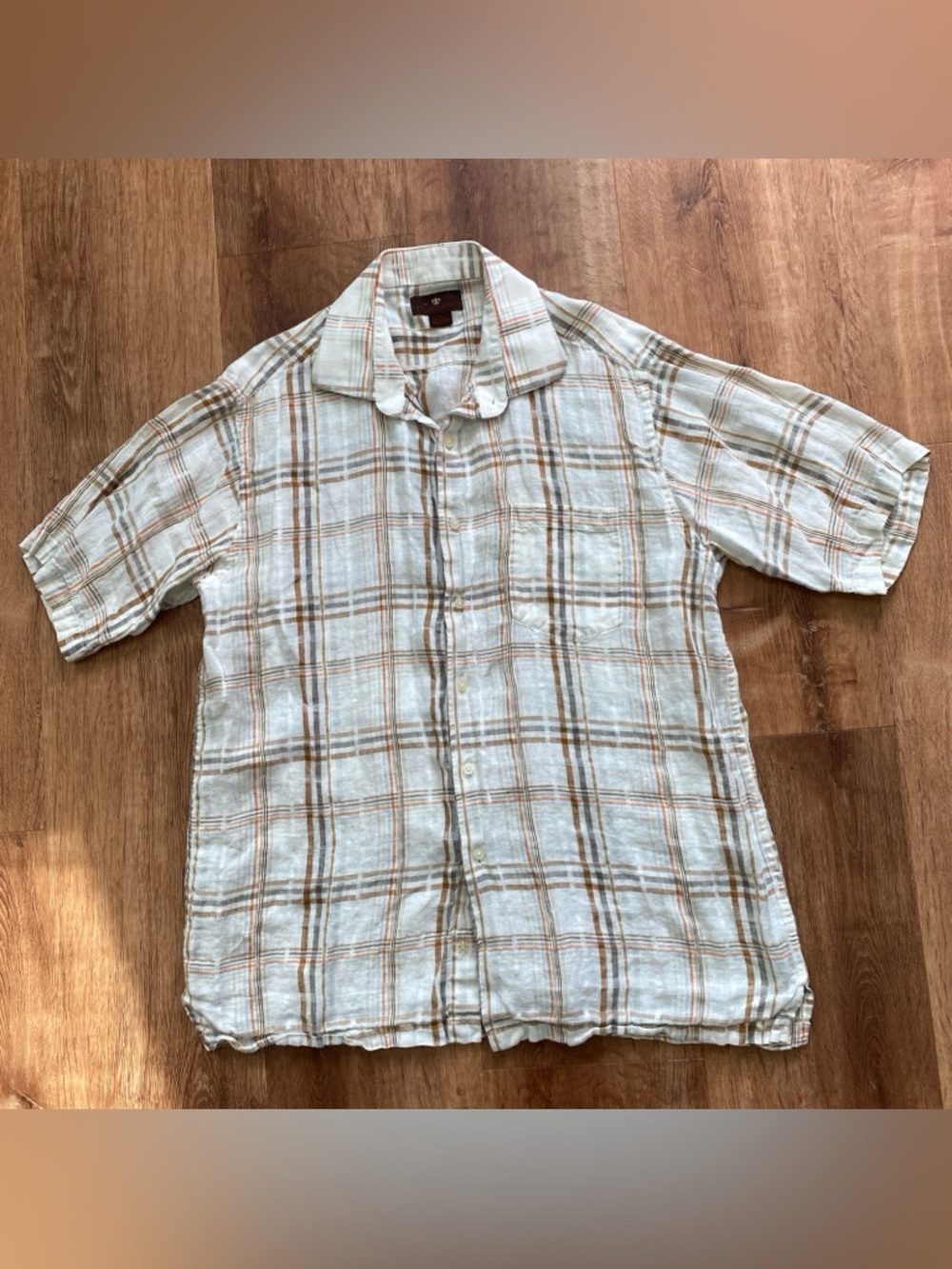 Toscano 100% Linen Shirt Mens XL Button Up Short Sleeve Plaid Lightweight Summer